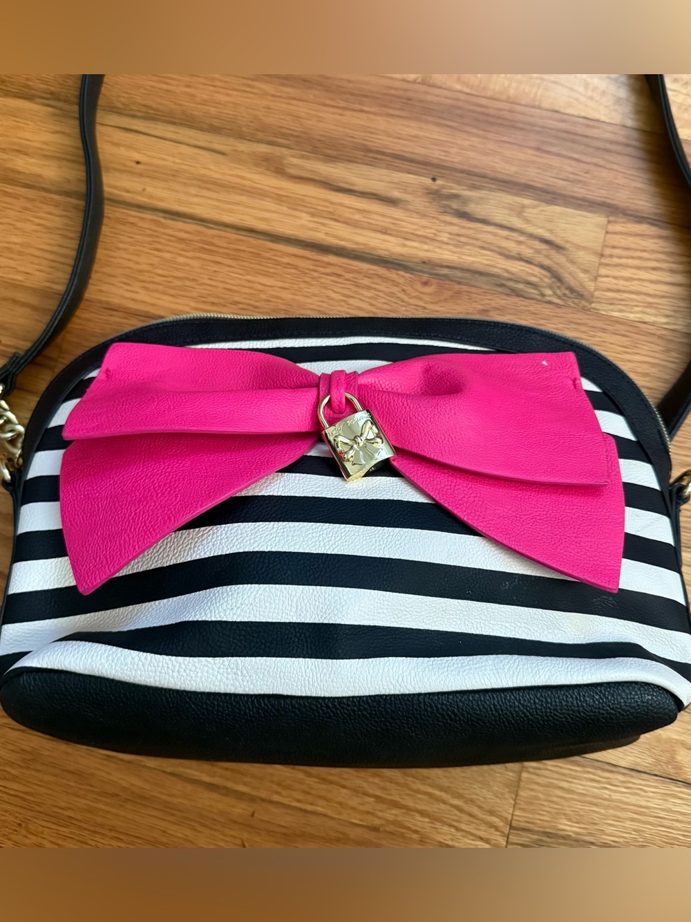 Betsey Johnson Striped Black & White Crossbody with Hot Pink Bow Accent